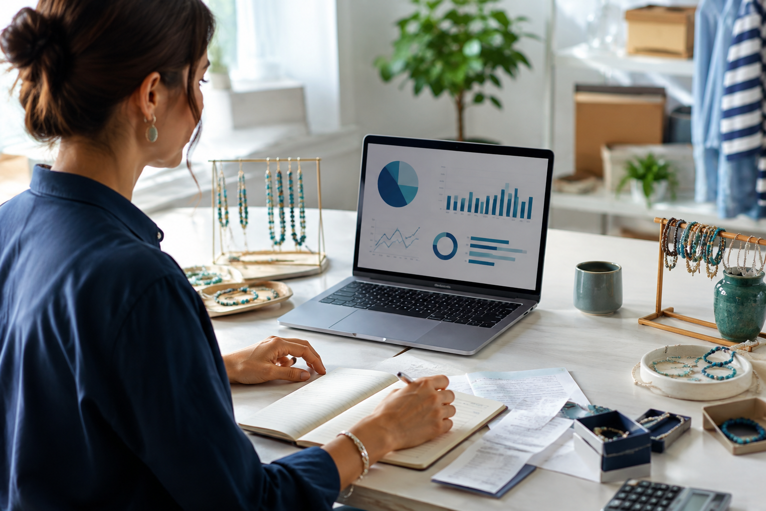 Business owner reviewing revenue and expenses on a laptop.