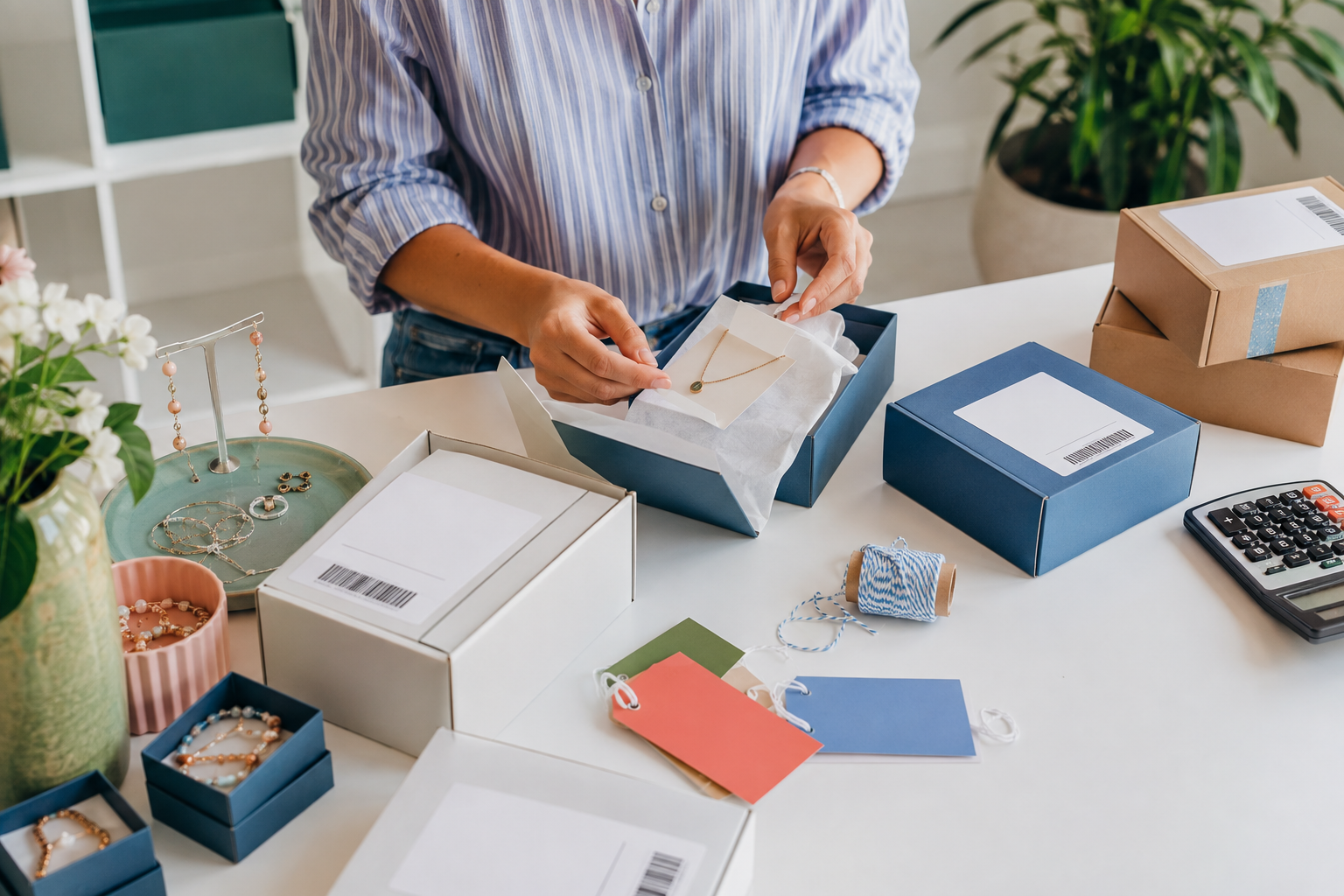 Online seller preparing parcels for customer orders.
