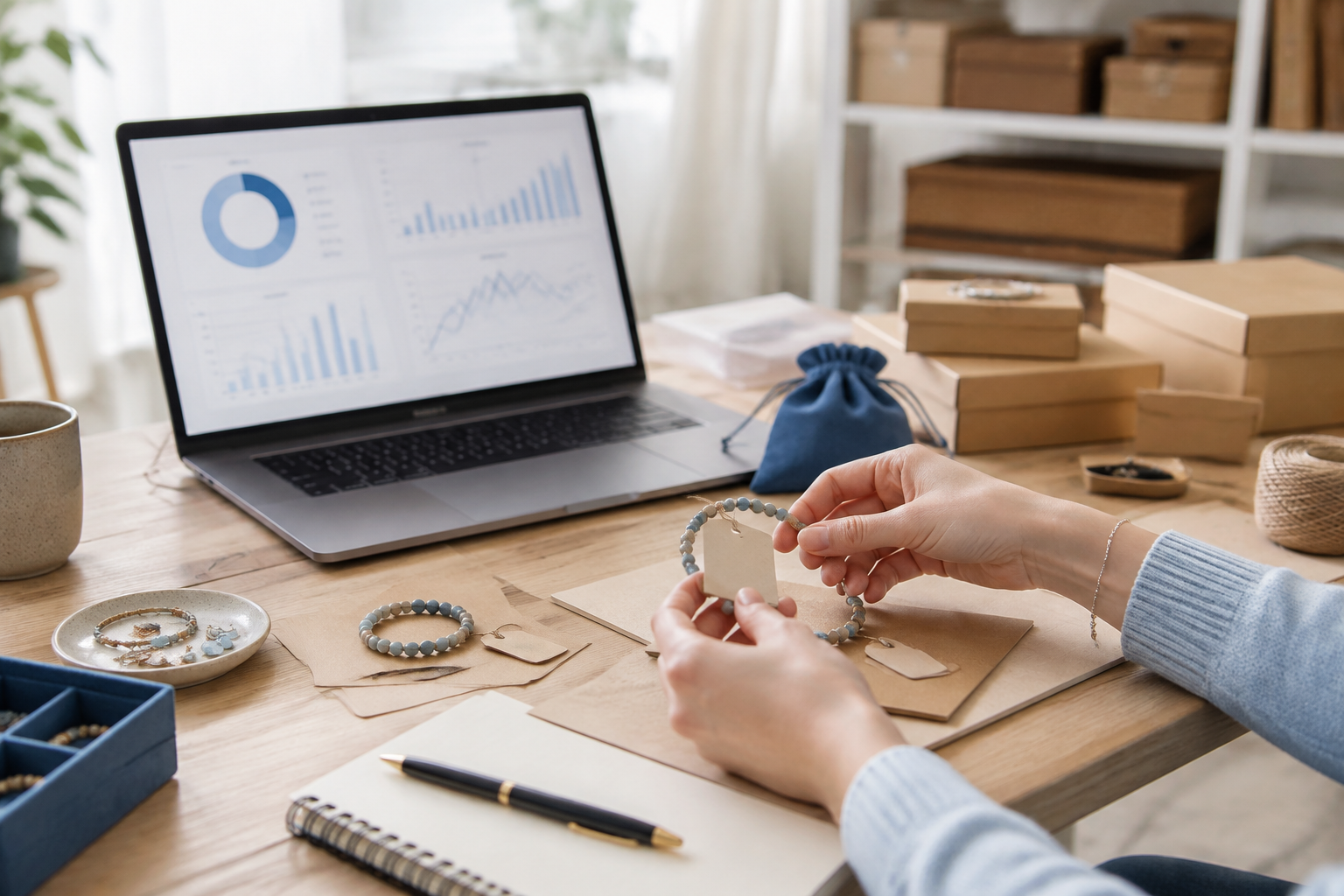 Handmade products beside a Valyrona-style margin dashboard.