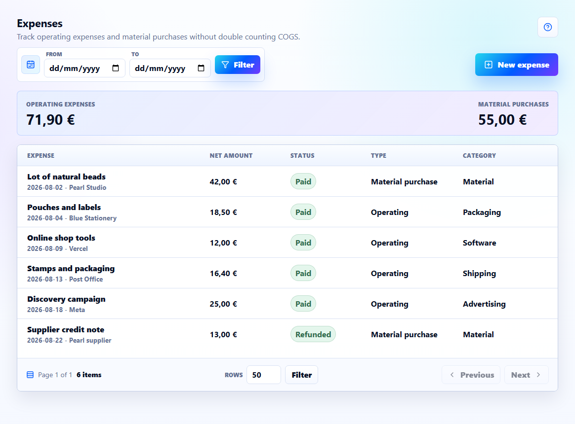 Valyrona expenses table with date, supplier, category, status and refund information.
