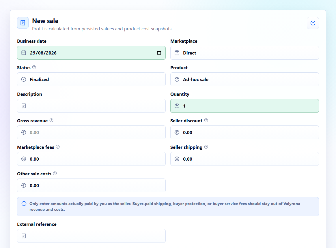 Valyrona sale form with fields for product, marketplace, discount, shipping and fees.